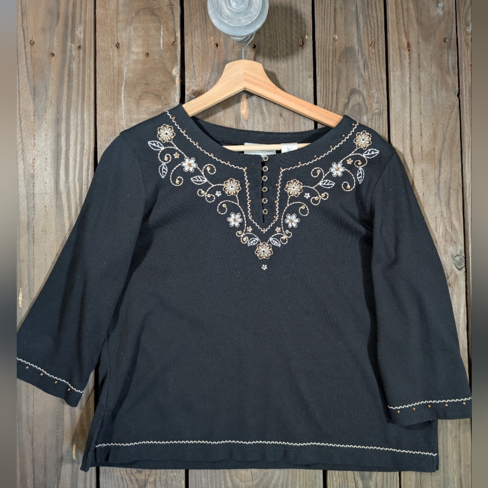 Alfred Dunner Black Embellished 3/4 Sleeve Blouse